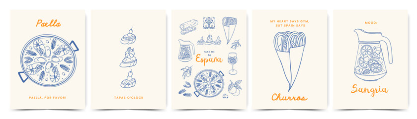 Summer abstract Mediterranean food poster set with trendy hand drawn doodle elements. Spanish vacation line art for wall decor, branding, ads, print, card, cover, sale, discount, menus design, promo.