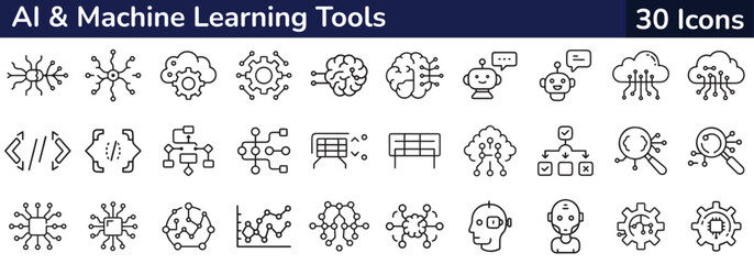 30 AI & Machine Learning Tools Icons for Modern Design. A set of 30 clean line icons representing various AI and machine learning tools.