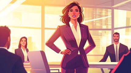 Confident woman in a suit standing before a group of diverse colleagues in a business meeting