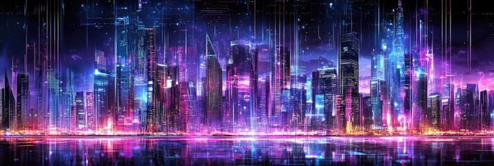 Neon cityscape reflecting in water at night