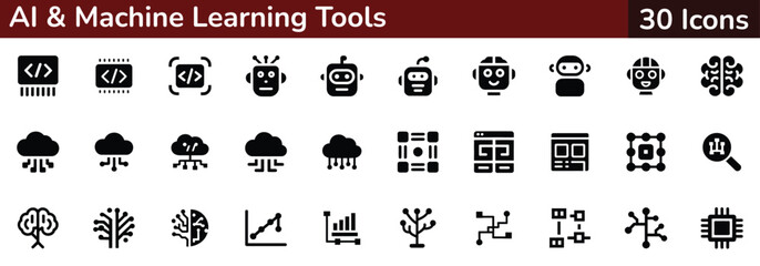 30 AI & Machine Learning Icons for Design. A set of 30 black and white vector icons representing various elements of AI and machine learning.