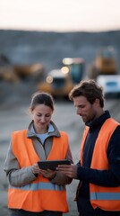 Two construction workers, a man and a woman, review plans on a tablet at dusk.