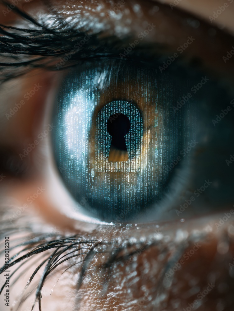 Poster symbolizing secure vision data, an eye within a digital padlock illustrates the importance of data p