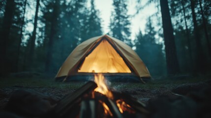 A bright yellow tent stands amidst towering trees, illuminated from within by a warm glow, creating a serene camping scene that invites adventure and relaxation.
