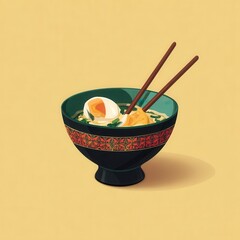 Bowl of ramen noodles with egg and chopsticks.
