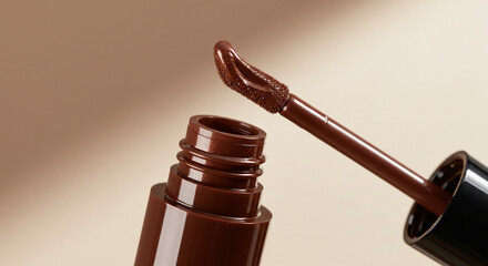 Minimalist packaging of brown lip gloss on minimalist background, chocolate tone, makeup, cosmetics, wet effect