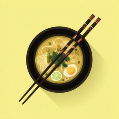 Noodle soup in a dark bowl with chopsticks.