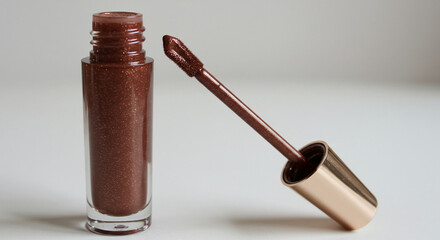 Minimalist packaging of brown lip gloss on minimalist background, chocolate tone, makeup, cosmetics, wet effect