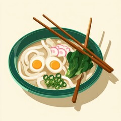 Illustration of a bowl of udon noodles with toppings.