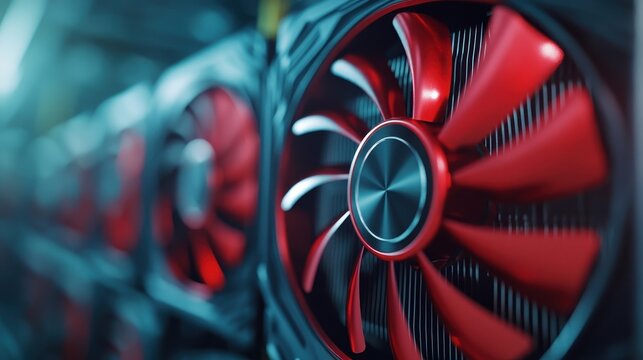 A detailed close-up of powerful computer cooling fans showcases modern technology and innovation in a vibrant, meticulously designed setup, ideal for gaming enthusiasts.