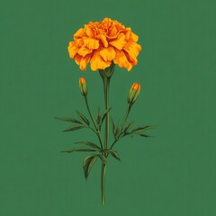 Orange marigold flower with buds on a green background.