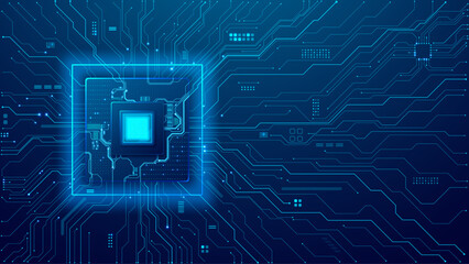 Abstract technology background with blue circuit board, semiconductor, and electronics components. AI chip with bright light core. Digital tech background. Vector illustration. Artificial Intelligence