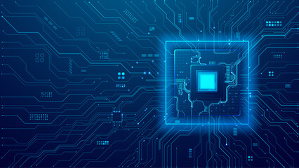Technology circuit board background. Artificial Intelligence microchip with light blue neon electronics components. AI semiconductor concept. Tech bg is great for banners, presentations, and website.