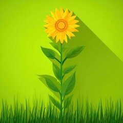 Vibrant sunflower illustration with long shadow on a lime green background.