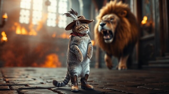 Puss in  boots with a cannibal who turned into a lion. Illustration for the fairy tale "Puss in Boots"