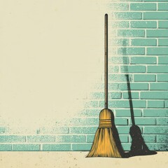 Hand-drawn illustration of a broom leaning against a teal brick wall.