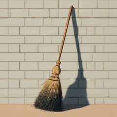 A straw broom leaning against a light gray brick wall.