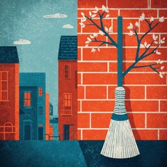 Cityscape scene with a broom and a tree branch.