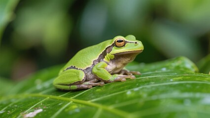 Naklejka premium A vibrant tree frog rests on a tropical leaf, embodying nature's delicate beauty. 