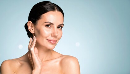 Young woman with smooth skin touching her face, smiling, against a soft blue background highlighting beauty and skincare