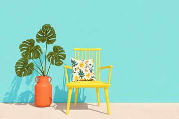 Obraz premium Bright Yellow Chair with Floral Pillow Next to Orange Vase and Green Plant Against a Turquoise Wall in Modern Interior Design Setup