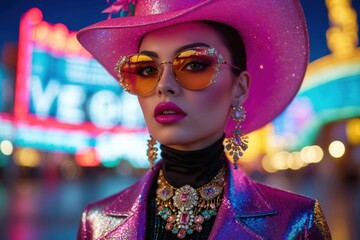 Bold fashion statement in vibrant Las Vegas at night showcasing glamour and unique style