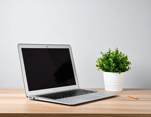 Fototapeta premium startup entrepreneur concept modern workspace with laptop and potted plant on a wooden table