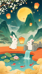Mid-Autumn Lantern Scene with Jade Rabbits and Festive Atmosphere