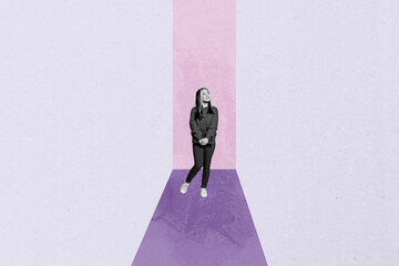 Collage of person confidently walking forward on a geometric pathway with bold minimalist design