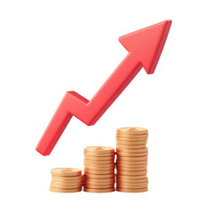 investment growth prospectprospect. Growing financial success represented by a red upward arrow and stacked coins.