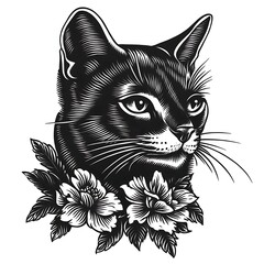 Etching style cat portrait drawing in monochrome with detailed fur lines for posters and apparel prints