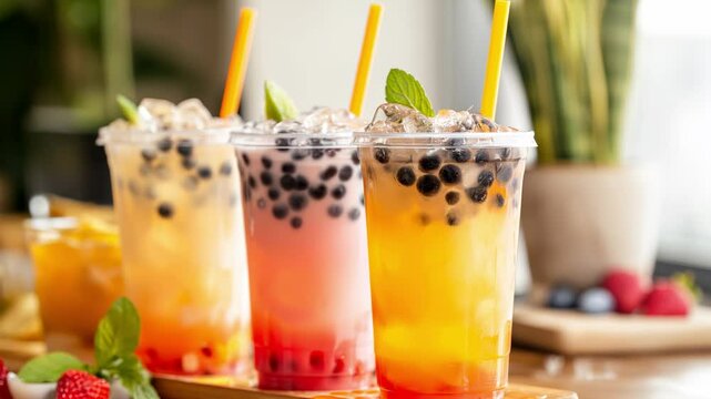 Three colorful bubble teas are sitting on a wooden board, complete with ice, tapioca pearls, and orange straws, garnished with fresh mint leaves and surrounded by fresh fruit