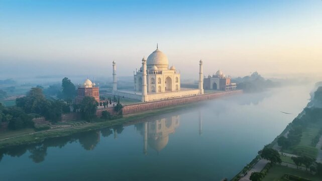 Dramatic aerial drone dives from the sky toward the Taj Mahal, transitioning into a fast low front view with a powerful zoom on the dome, surrounded by early morning mist and soft light.