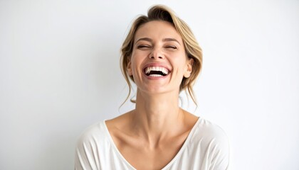 Young woman with blonde hair laughing joyfully against a light background, showcasing happiness and positivity in her expression