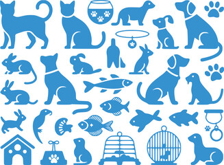 Fototapeta premium Pet Animal Silhouettes Icon Set Cats Dogs Fish Small Animals Vector 