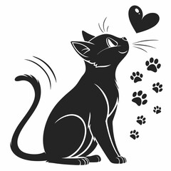Silhouette of vector black cat, feline, pet animal, kitten or kitty in on white background. Cute cat breed symbol, sticker or icon. Wild animal or cat silhouette doodle line art vector illustration
