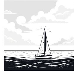 Fototapeta premium Sailing into Serenity: A minimalist illustration captures a sailboat gliding peacefully on calm waters under the serene watch of a crescent moon. Embrace the tranquil scene with graphic line art.