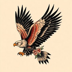 Flying eagle with spread wings and floral details in old school tattoo style for retro art collections