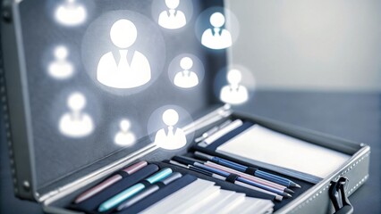 A briefcase with pens, papers, and digital icons of people, representing business network and professional organization.