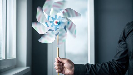 A person holds a colorful pinwheel by a window, with natural light illuminating the scene indoors.