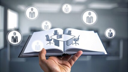 A hand holds an open book displaying a virtual office meeting scene, with business network icons floating above.