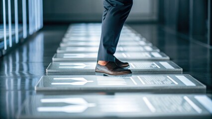 A person in formal shoes walks on illuminated, futuristic floor panels inside a modern, high-tech environment.