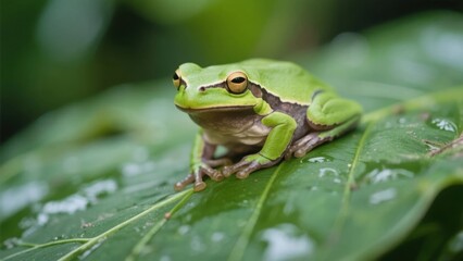 Fototapeta premium A vibrant tree frog rests on a tropical leaf, embodying nature's delicate beauty. 