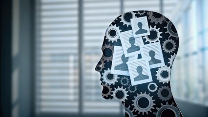 A silhouette of a human head filled with gears and profile icons, symbolizing memory, networking, and human cognition.