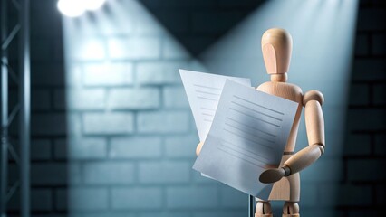 A wooden mannequin stands under stage lights, holding papers against a brick wall backdrop, suggesting performance or public speaking.