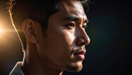 Profile portrait of a young man against a dark background with sunlight illuminating his features, showcasing deep contemplation and emotion