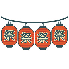 Row of Japanese Lanterns with Matsuri Festival Characters Hanging in Summer Night
