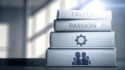 Stacked books labeled "Talent" and "Passion" with icons, symbolizing teamwork, skills, and motivation in a bright, modern setting.