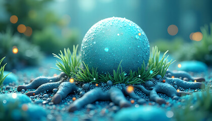 Surreal aquatic sphere resting amidst a vibrant ethereal underwater garden
