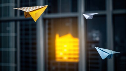 Three colorful paper planes suspended in front of a modern glass building with a bright yellow reflection in the background.